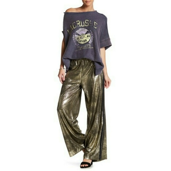 Free People Pants - Free People Gold Vegan Leather wide leg tack pant